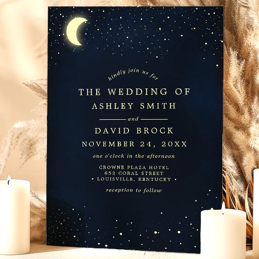 Celestial Moon Stars Midnight Blue Wedding Einladung