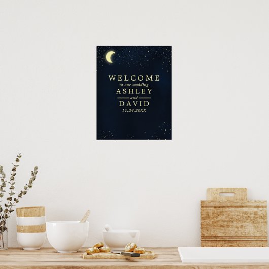 Celestial Moon Stars Midnight Blue Wedding Willkom Poster (Küche)