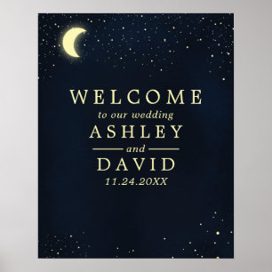 Celestial Moon Stars Midnight Blue Wedding Willkom Poster