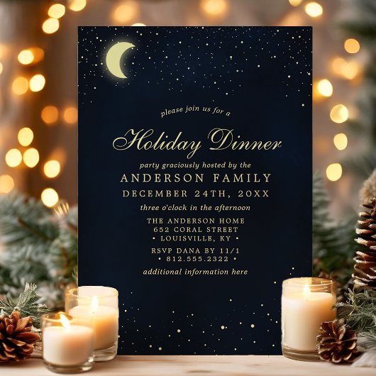 Celestial Moon Stars Mitternacht Blue Holiday Dinn Einladung