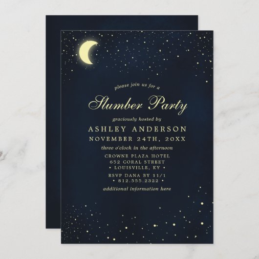 Celestial Moon Stars Mitternacht Blue Slumber Part Einladung (Vorne/Hinten)