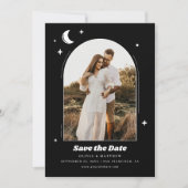 Celestial Moon & Stars. Moderne Schwarze Foto Hoch Save The Date (Vorderseite)