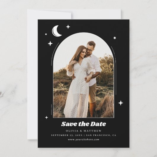 Celestial Moon & Stars. Moderne Schwarze Foto Hoch Save The Date (Vorderseite)