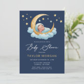 Celestial Moon & Stars Navy Boy Baby Shower Einladung (Stehend Vorderseite)