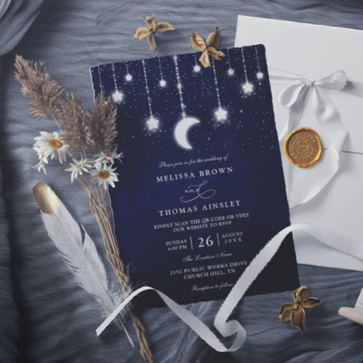 Celestial Moon Stars String Lights QR Code Wedding Einladung