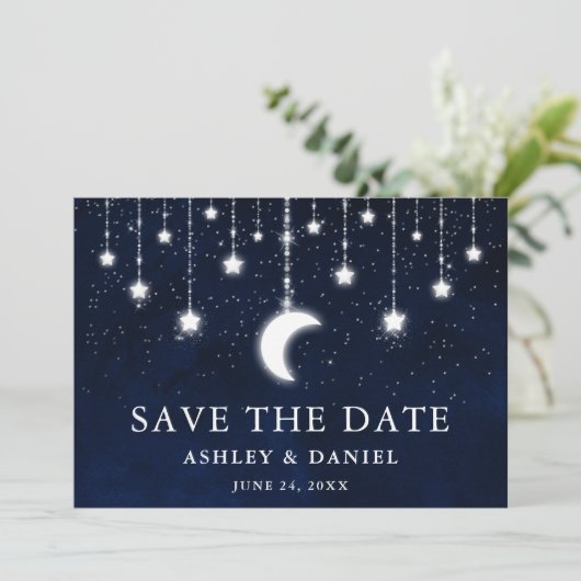 Celestial Moon Stars String Lights Save the Date (Stehend Vorderseite)