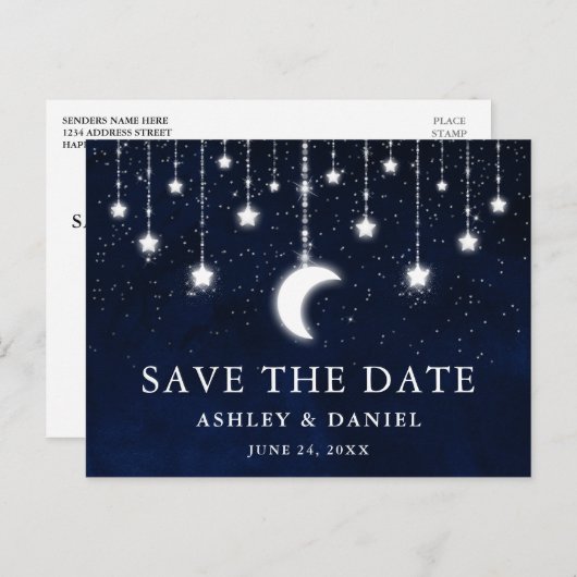 Celestial Moon Stars String Lights Save the Date Postkarte (Vorne/Hinten)