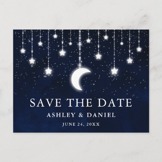 Celestial Moon Stars String Lights Save the Date Postkarte (Vorderseite)