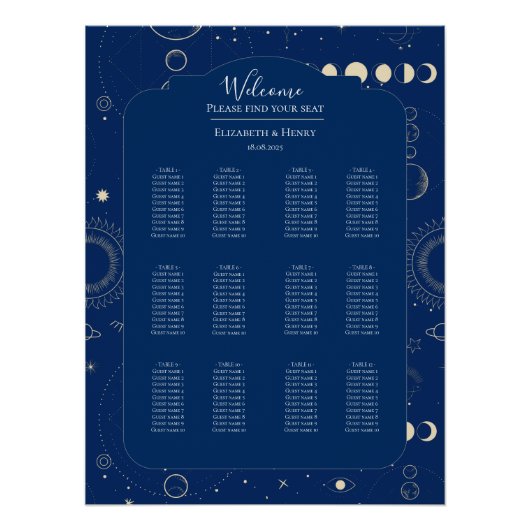 Celestial moon sun stars navy wedding seating plan poster (Vorderseite)