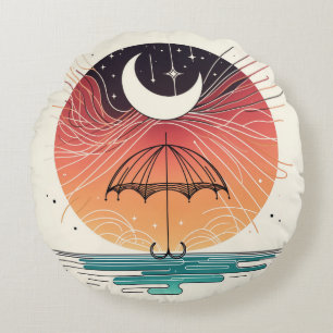 Celestial Moon Umbrella mit Star Rain Art Rundes Kissen