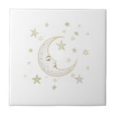 Celestial Moon with Face & Stars Gold Silver White Fliese (Vorderseite)