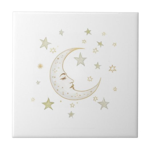 Celestial Moon with Face & Stars Gold Silver White Fliese (Vorderseite)