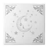 Celestial Moon with Face & Stars Silver and White Fliese (Vorderseite)