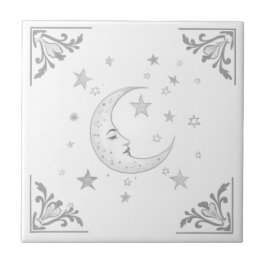 Celestial Moon with Face & Stars Silver and White Fliese