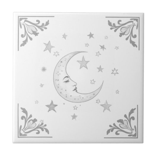 Celestial Moon with Face & Stars Silver and White Fliese (Vorderseite)