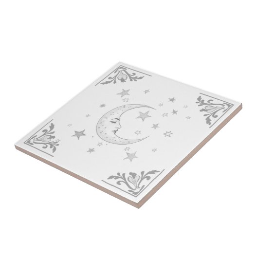 Celestial Moon with Face & Stars Silver and White Fliese (Seite)