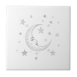 Celestial Moon with Face & Stars Silver and White Fliese