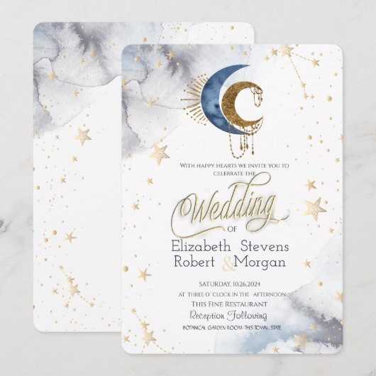 Celestial Moons, Stars Chic Wedding Einladung (Vorne/Hinten)