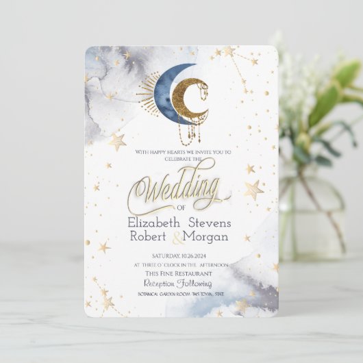 Celestial Moons, Stars Chic Wedding Einladung (Stehend Vorderseite)