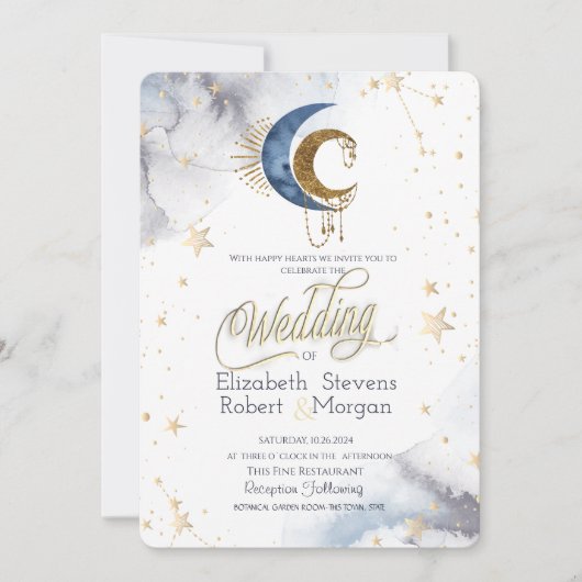 Celestial Moons, Stars Chic Wedding Einladung (Vorderseite)