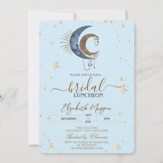 Celestial Moons,Stars Light Blue Bridal Luncheon Einladung (Vorderseite)