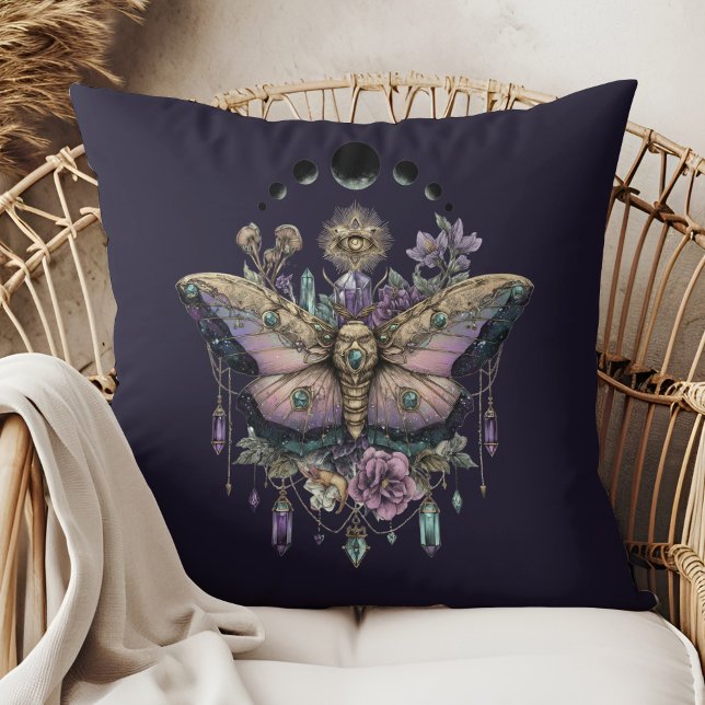Celestial Moth Moon Phases Throw Pillow Kissen (Celestial Moth Moon Phases Throw Pillow in a boho rattan armchair)