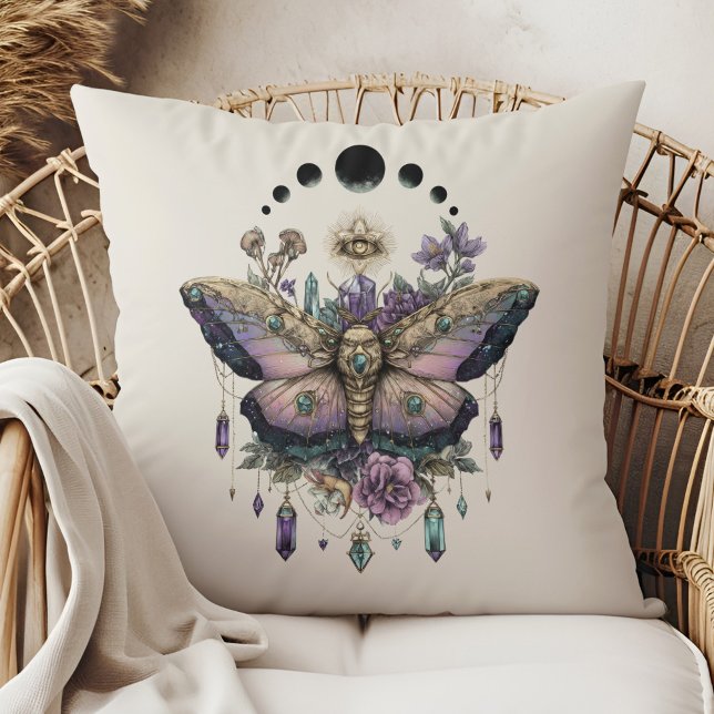 Celestial Moth Moon Phases Throw Pillow Kissen (Celestial Moth Moon Phases Throw Pillow in a boho rattan armchair)