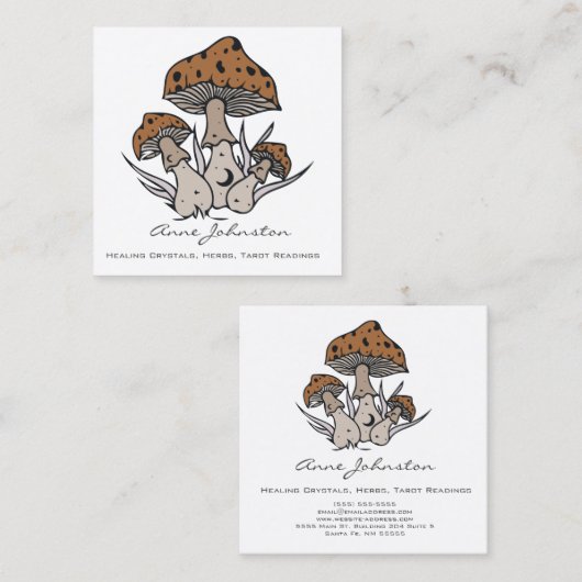 Celestial Mushrooms Boho Square Business Card Quadratische Visitenkarte (Vorne/Hinten)
