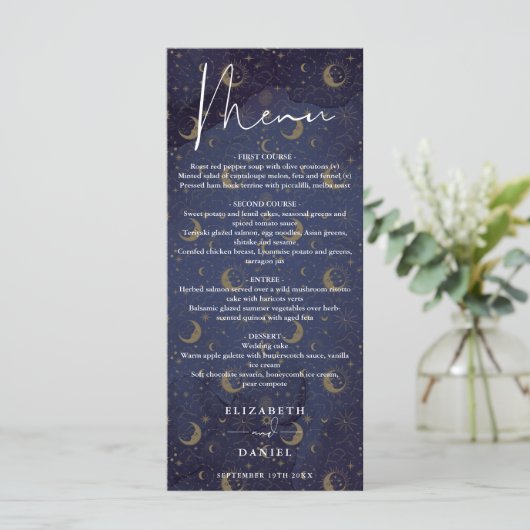 Celestial Mystical Elegante Script Hochzeitsessen Menükarte (Stehend Vorderseite)