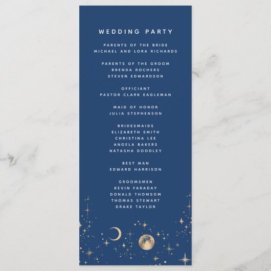 Celestial Navy Blue and Gold Hochzeitsprogramme Programm (Rückseite)