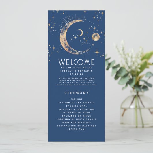 Celestial Navy Blue and Gold Hochzeitsprogramme Programm (Stehend Vorderseite)