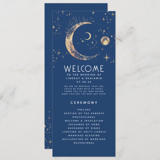 Celestial Navy Blue and Gold Hochzeitsprogramme Programm (Vorne/Hinten)