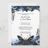 Celestial Navy Blue and Gold Moth Romantic Wedding Einladung (Vorderseite)