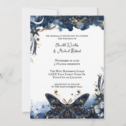 Celestial Navy Blue and Gold Moth Romantic Wedding Einladung (Vorderseite)