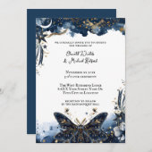 Celestial Navy Blue and Gold Moth Romantic Wedding Einladung (Vorne/Hinten)