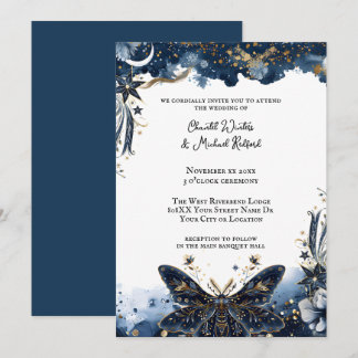 Celestial Navy Blue and Gold Moth Romantic Wedding Einladung