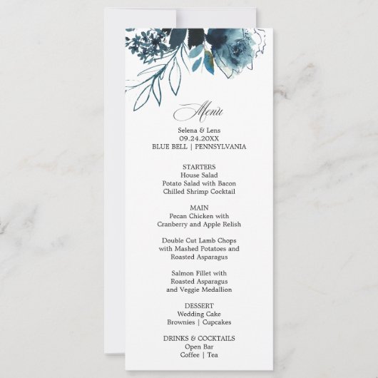 Celestial Navy Blue Floral Dinner Menu Card Einladung (Vorderseite)