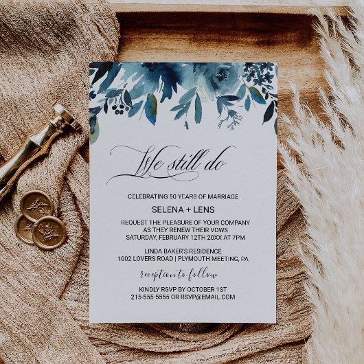 Celestial Navy Blue Floral Vow Renewal Einladung