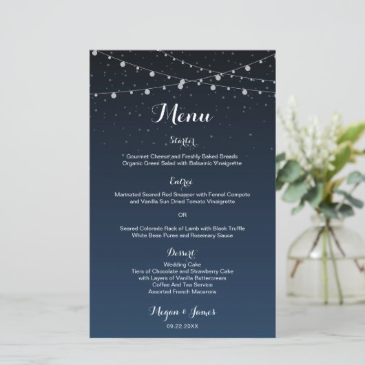 Celestial Navy Blue Starry Night Wedding Menu (Stehend Vorderseite)