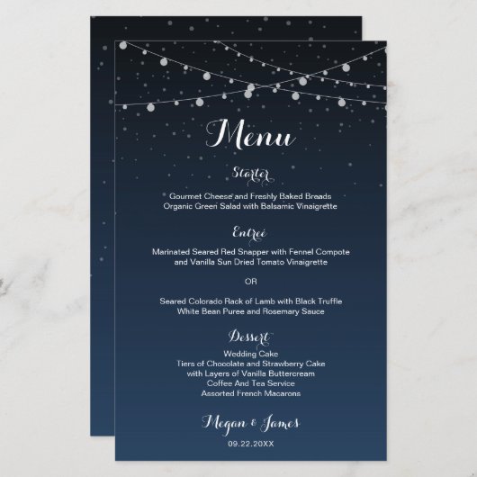 Celestial Navy Blue Starry Night Wedding Menu (Vorne/Hinten)