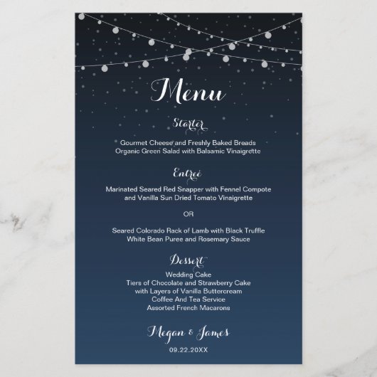 Celestial Navy Blue Starry Night Wedding Menu (Vorderseite)