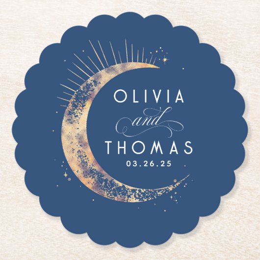 Celestial Navy Blue und Gold Stars Moon Wedding Untersetzer (Vorderseite)