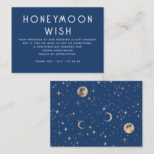 Celestial Navy Blue Wedding Honeymoon Wish Begleitkarte (Vorne/Hinten)