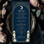Celestial Navy Elegante Arch Art Nouveau Hochzeit Menükarte<br><div class="desc">Genießen Sie Ihre Veranstaltung mit unserem Jugendstil-inspirierten Menü! Mit einem strahlenden goldenen Bogen, glänzenden Sternen und einem zarten Set mit weißen Blume vor einem tiefen Marinestand verleiht dieses Design Ihrem Tisch zeitlose Eleganz. Es eignet sich perfekt für Hochzeiten, Galas und Ansammlungen im gehobenen Stil! Bitte beachten Sie, dass das Gold...</div>