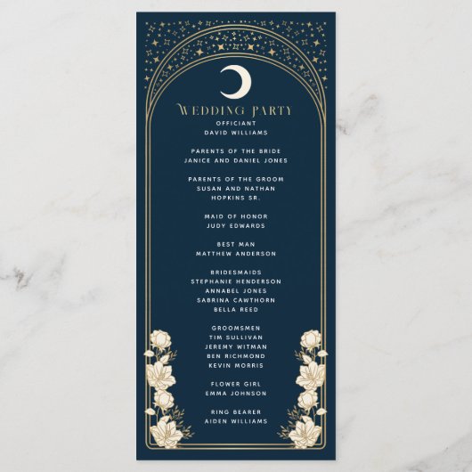 Celestial Navy Elegante Arch Art Nouveau Hochzeit Programm (Rückseite)
