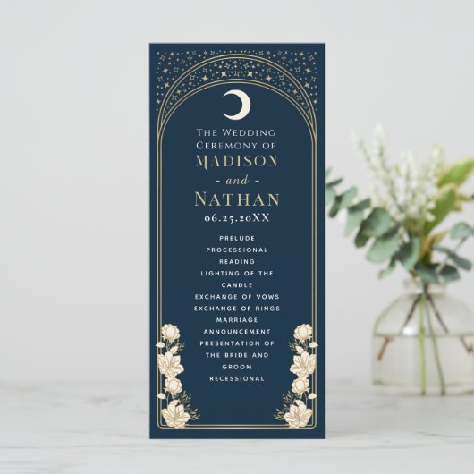 Celestial Navy Elegante Arch Art Nouveau Hochzeit Programm (Stehend Vorderseite)