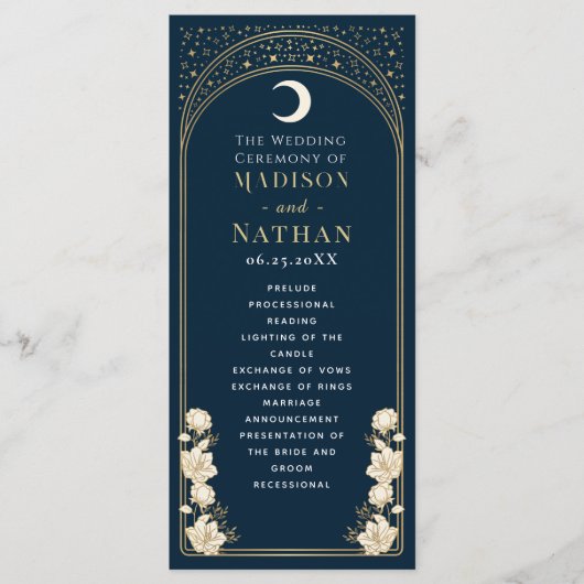Celestial Navy Elegante Arch Art Nouveau Hochzeit Programm (Vorderseite)