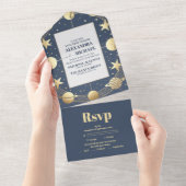 Celestial Navy Gold Crescent Moon Wedding All In One Einladung (Abreißen)