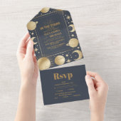 Celestial Navy Gold Crescent Moon Wedding All In One Einladung (Abreißen)