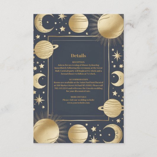 Celestial Navy Gold Crescent Moon Wedding Begleitkarte (Vorderseite)